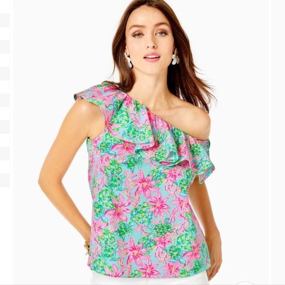 Lilly Pulitzer Zeldie One Shoulder Ruffle Top Surf Blue So Shellegant XL NWT - Picture 1 of 4
